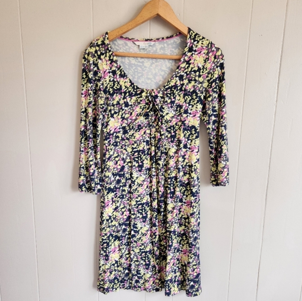 Boden scoop gather neck jersey knit dress abstract print black pink yellow 8R